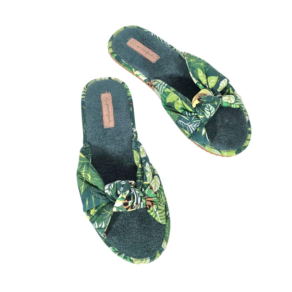 Printfresh Women's Green Tropical Leaf Bow Slide Slippers Sandals Size 9